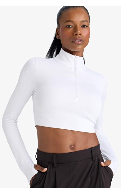 DeFactoFit Slim Fit Dar Kesim Fermuarlı Dik Yaka Uzun Kollu Tişört W0343AZ25AUWT34