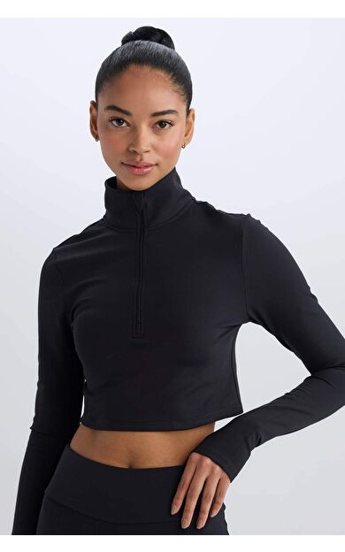 DeFactoFit Slim Fit Dar Kesim Fermuarlı Dik Yaka Uzun Kollu Tişört W0343AZ25SPBK81