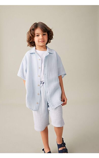 DeFactoFit Erkek Çocuk Oversize Fit Polo Yaka Müslin Kısa Kollu Gömlek W3239A624HSBE61