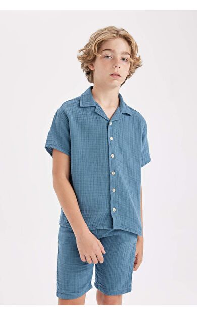 DeFactoFit Erkek Çocuk Oversize Fit Polo Yaka Müslin Kısa Kollu Gömlek W3239A624HSIN266