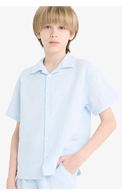 DeFacto Erkek Çocuk Oversize Geniş Kalıp Polo Yaka Müslin Kısa Kollu Gömlek W3239A625HSBE174