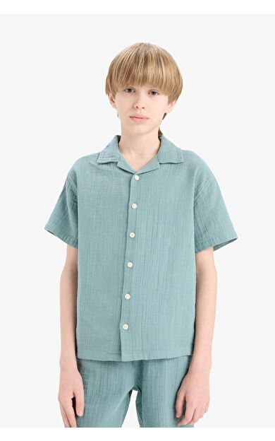 DeFacto Erkek Çocuk Oversize Geniş Kalıp Polo Yaka Müslin Kısa Kollu Gömlek W3239A625HSGN382