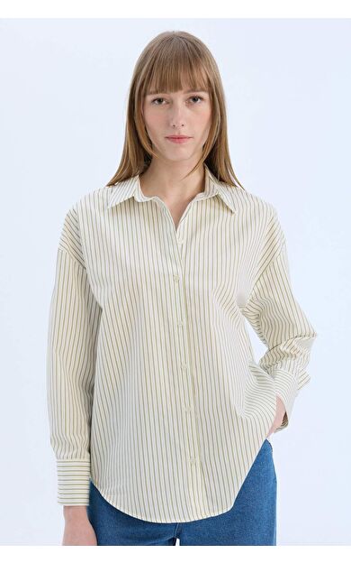 DeFacto Oversize Geniş Kalıp Gömlek Yaka Çizgili Poplin Uzun Kollu Gömlek W7702AZ25SPGN777