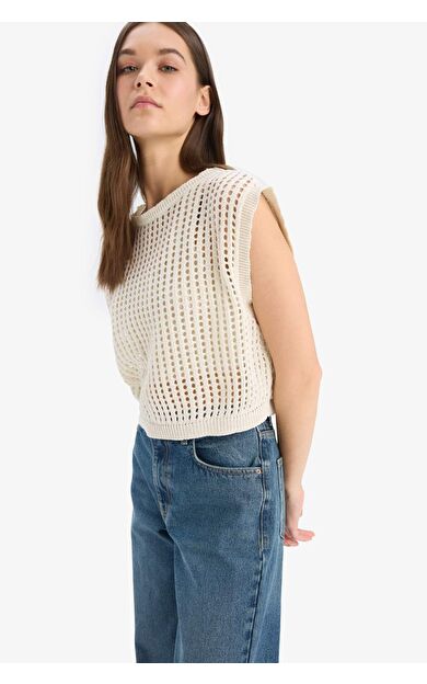 DeFacto Crop Örgü Desenli Pamuklu Kroşe Triko Süveter