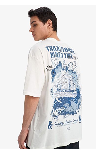 DeFacto Oversize Geniş Kalıp Bisiklet Yaka Sırt Baskılı Kısa Kollu Tişört W8043AZ25SMER105