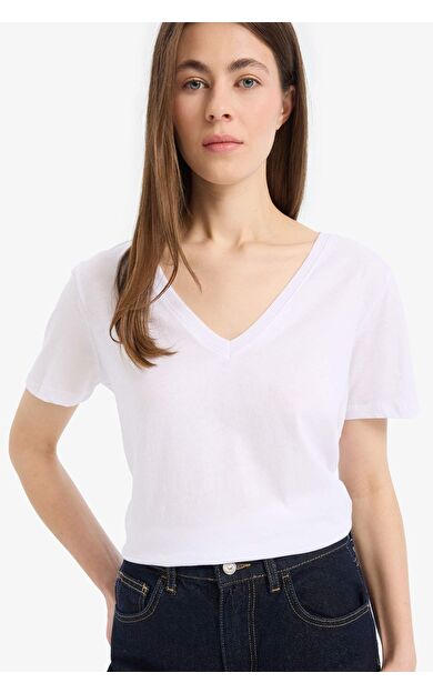 DeFacto Regular Fit V Yaka Basic Düz Penye Kısa Kollu Tişört W9578AZ25SPWT34