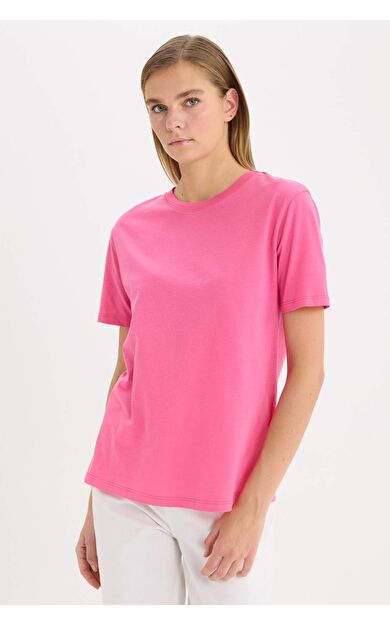 DeFacto Regular Fit Bisiklet Yaka Penye Basic Kısa Kollu Pembe Tişört