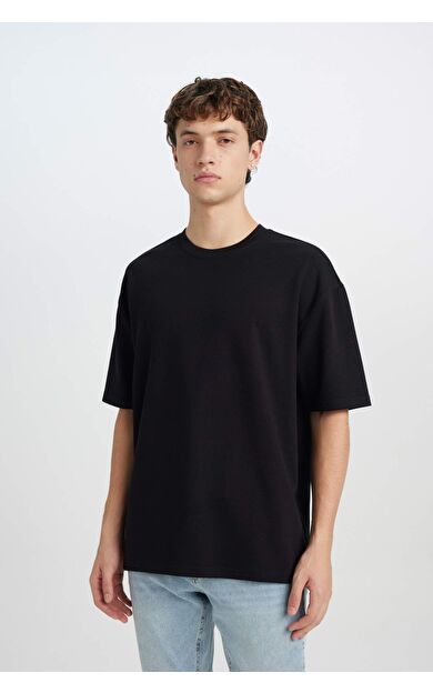 DeFacto Oversize Geniş Kalıp Bisiklet Yaka Kısa Kollu Ağır Kumaş Tişört X3926AZ25SPBK81