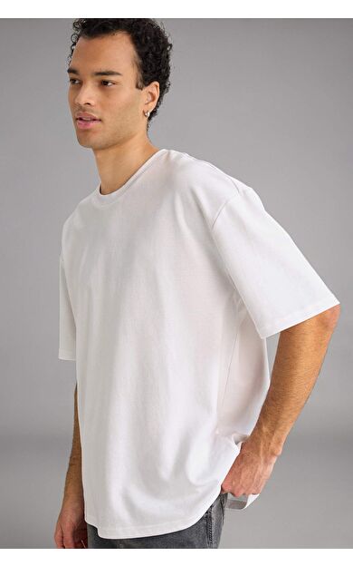 Oversize Geniş Kalıp Bisiklet Yaka Kısa Kollu Basic Düz Ağır Kumaş Tişört