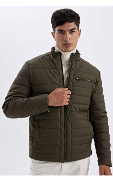 DeFacto Slim Fit Dik Yaka Fermuar Kapamalı Cepli Suni Deri Ceket Mon