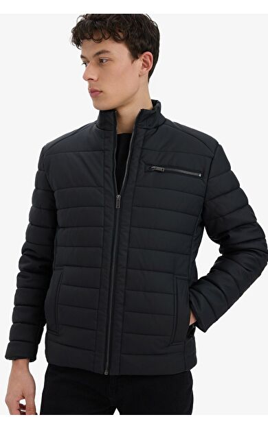 DeFacto Su Geçirmez Slim Fit Dar Kesim Dik Yaka Fermuarlı İç Cepli Sunş Deri Ceket Mont
