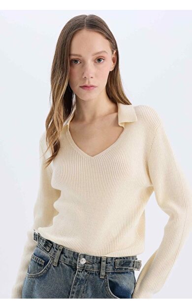 DeFacto Coool Slim Fit Dar Kesim Polo Yaka Crop Triko Kazak