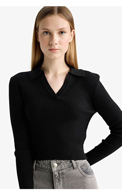 DeFacto Coool Slim Fit Dar Kesim Polo Yaka Triko Kazak X4929AZ25WNBK81