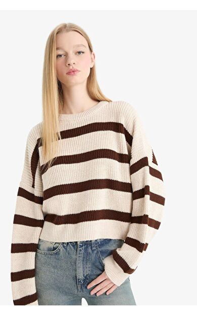 DeFacto Coool Oversize Geniş Kalıp Bisiklet Yaka Çizgili Triko Kazak X4931AZ25WNBG644