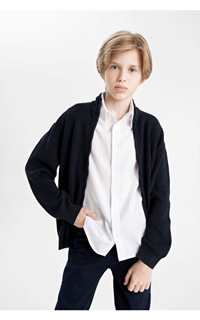 DeFacto DeFactoFit Erkek Çocuk Yarım Balıkçı Yaka Fermuarlı Triko Lacivert Okul Hırkası