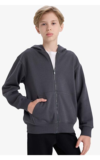 Erkek Çocuk Kapüşonlu Basic Düz Okul Fermuarlı Sweatshirt