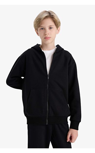 DeFacto Erkek Çocuk Kapüşonlu Basic Düz Okul Fermuarlı Sweatshirt X7382A625WNBK81