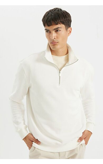 DeFacto Comfort Fit Dik Yaka Fermuarlı Kalın Sweatshirt Kumaşı Basic Sweatshirt