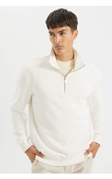 DeFacto Comfort Fit Dik Yaka Fermuarlı Kalın Sweatshirt Kumaşı Basic Sweatshirt