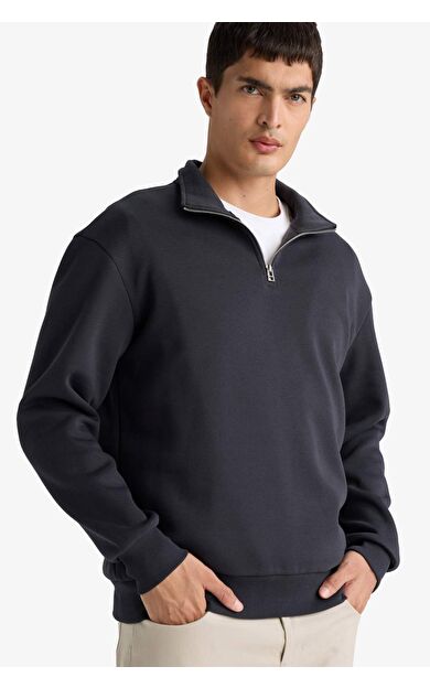 Regular Fit Dik Yaka Yarım Fermuarlı Basic Düz Sweatshirt