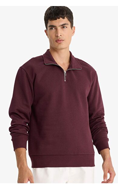 Regular Fit Dik Yaka Yarım Fermuarlı Basic Düz Sweatshirt