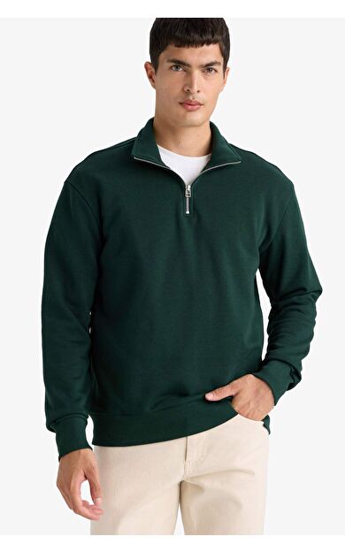 Regular Fit Dik Yaka Yarım Fermuarlı Basic Düz Sweatshirt