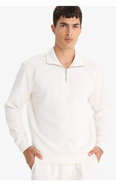 Regular Fit Dik Yaka Yarım Fermuarlı Basic Düz Sweatshirt