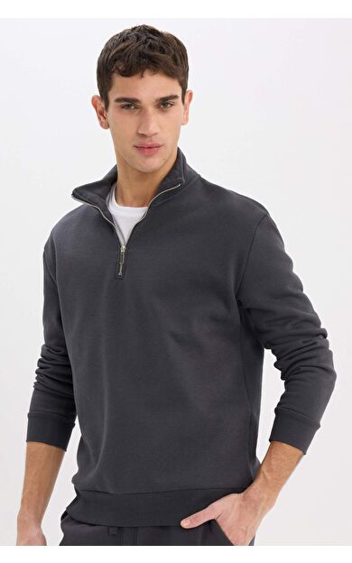 DeFacto Comfort Regular Fit Rahat Kalıp Fermuarlı Dik Yaka Basic Düz Sweatshirt X7405AZ25SPAR214