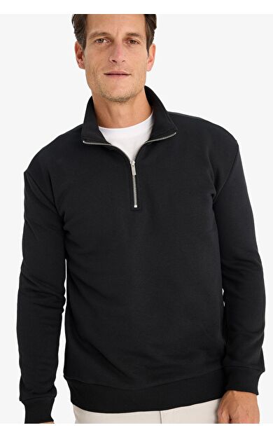DeFacto Comfort Regular Fit Rahat Kalıp Fermuarlı Dik Yaka Basic Düz Sweatshirt X7405AZ25SPBK81