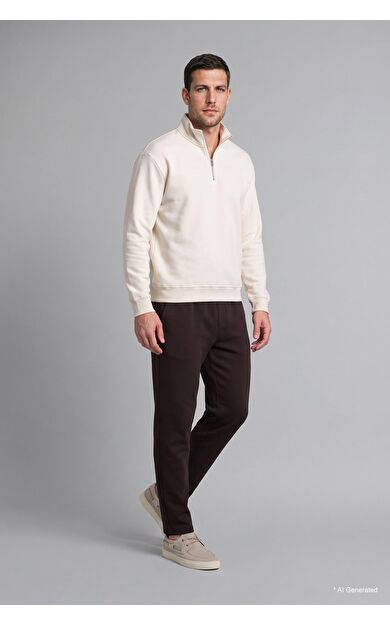 DeFacto Regular Fit Dik Yaka Yarım Fermuarlı Basic Sweatshirt Ekru