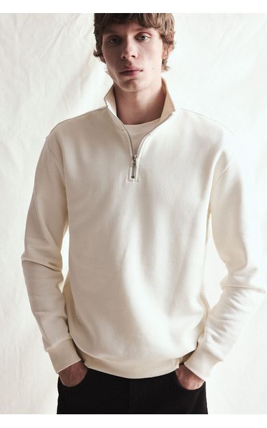 DeFacto Regular Fit Dik Yaka Yarım Fermuarlı Basic Sweatshirt Ekru