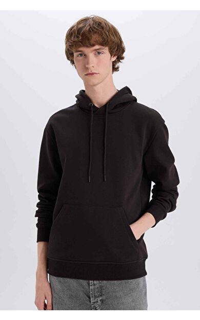 DeFacto Regular Fit Kapüşonlu Kanguru Cepli İçi Yumuşak Tüylü Basic Düz Sweatshirt
