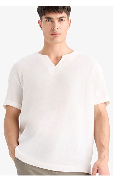 DeFacto %100 Pamuk Regular Fit Yazlık V Yaka Pamuklu Kısa Kollu Gömlek