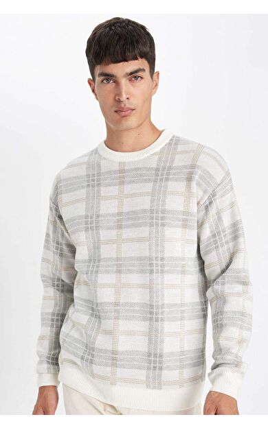 DeFacto Relax Fit Bisiklet Yaka Desenli Triko Kazak