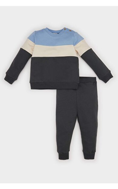 DeFacto Erkek Bebek 2'li Takım Renk Bloklu Uzun Kollu İçi Yumuşak Tüylü Sweatshirt Beli Lastikli Eşofman Altı