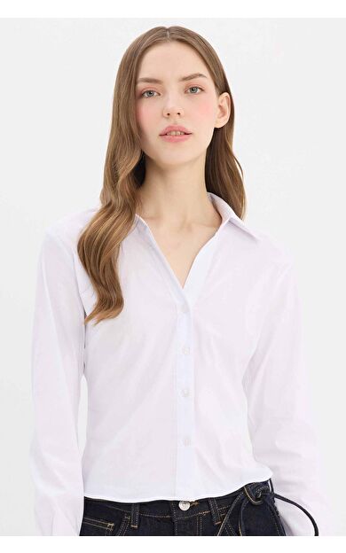 Fitted Gömlek Yaka Bengalin Uzun Kollu Gömlek