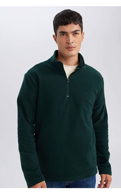 DeFacto Erkek Yeşil Tüylenme Yapmayan Soğuk Geçirmez Regular Fit Dik Yaka Fermuarlı Polar Sweatshirt