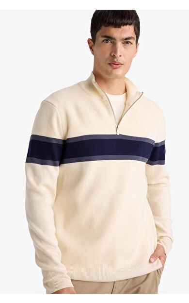 Slim Fit Dar Kesim Dik Yaka Fermuarlı Renk Bloklu Triko Kazak