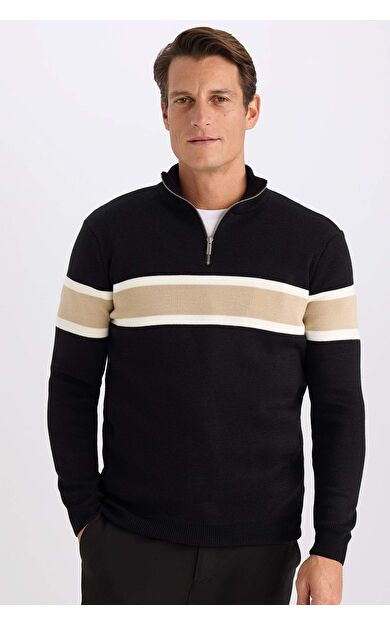 DeFacto Erkek Siyah Standart Fit Normal Kesim Balıkçı Yaka Yarı Fermuarlı Çizgili Triko Kazak