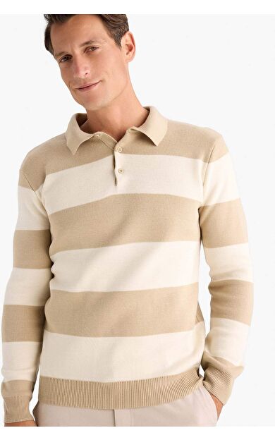 DeFacto Standart Fit Normal Kesim Çizgili Polo Yaka Triko Kazak Y4194AZ24WNBG295