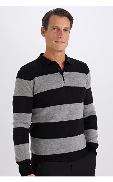 DeFacto Standart Fit Normal Kesim Çizgili Polo Yaka Triko Kazak Y4194AZ24WNBK27