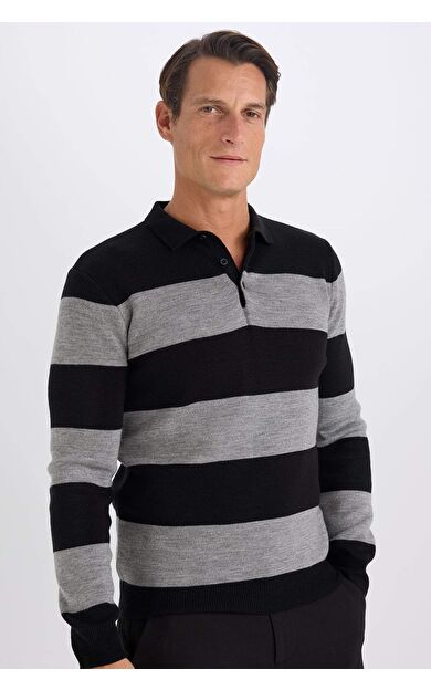 DeFacto Standart Fit Normal Kesim Çizgili Polo Yaka Triko Kazak Y4194AZ24WNBK27