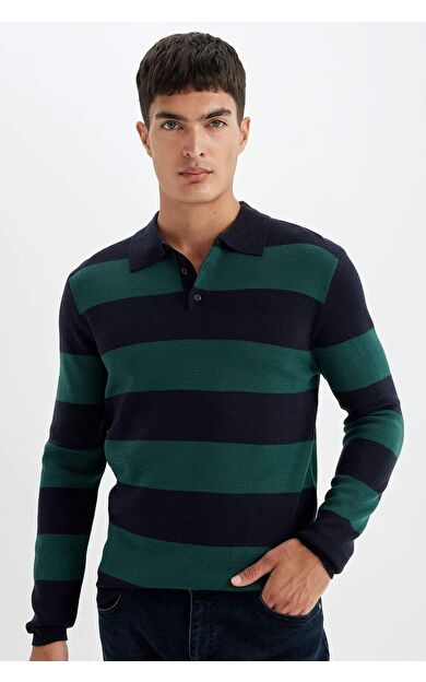 DeFacto Standart Fit Polo Yaka Çizgili Triko Kazak Y4194AZ24WNGN852