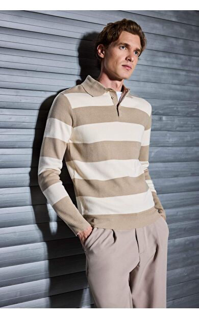 DeFacto Standart Fit Polo Yaka Düğmeli Renk Bloklu Triko Kazak Y4194AZ25WNBG206