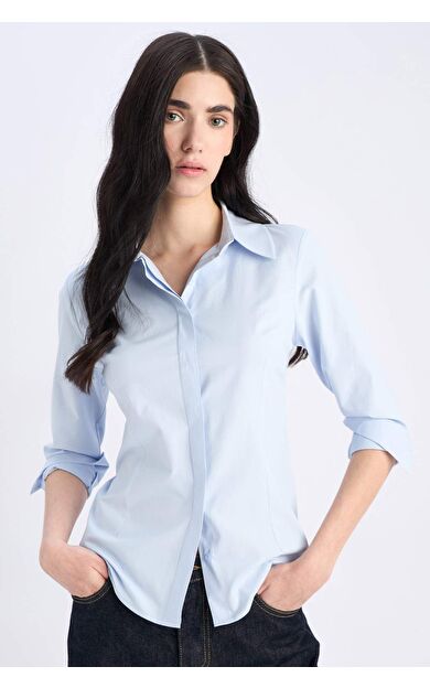 DeFacto Fitted Basic Düz Bengalin Uzun Kollu Gömlek