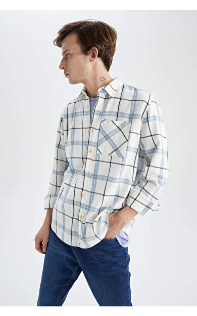 DeFacto Regular Fit Polo Yaka Ekoseli Poplin Uzun Kollu %100 Pamuk Gömlek