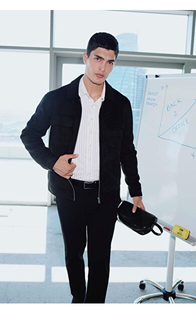 Slim Fit Dar Kesim Polo Yaka Fermuarlı Süet Mont Y5362AZ25AUBK27