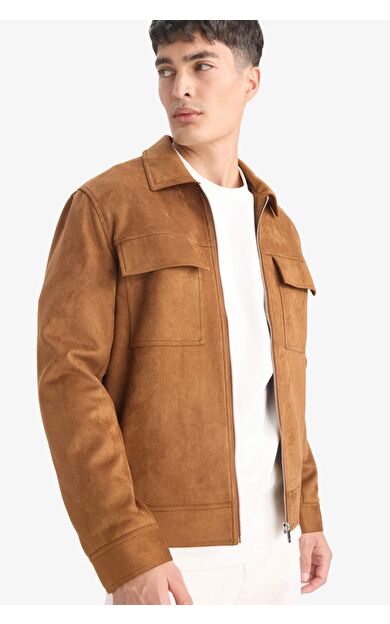 Slim Fit Dar Kesim Polo Yaka Fermuarlı Süet Mont Y5362AZ25AUBN164