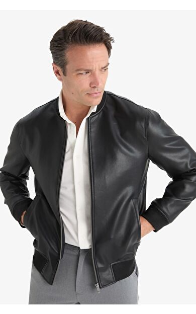 DeFacto Slim Fit Dar Kesim Kolej Yaka Astarlı Fermuarlı Suni Deri Bomber Mont