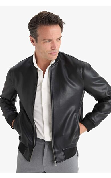 Slim Fit Dar Kesim Kolej Yaka Astarlı Fermuarlı Suni Deri Bomber Mont